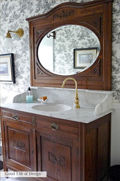 Antique Furniture As Bathroom Vanity, Furniture Sinks Bathroom, Small Antique Bathroom Vanity, Antique Sink Vanity, Antique Buffet Vanity, Small Bathroom Window Ideas, French Bathroom Ideas, Victorian Bathroom Accessories, Vintage Bathroom Mirrors