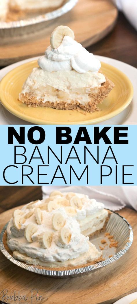 This easy No Bake Banana Cream Pie recipe will give you a blast to the past with old fashioned flavor. Made super simple with instant vanilla pudding mix. This is a great holiday dessert or an awesome way to end a summer picnic! #bananacreampie #nobakerecipes No Bake Banana Cream Pie, Banana Cream Pie Pudding, Banana Pie Recipe, Banana Creme Pie, Snickers Torte, Easy Cream Pie, Easy Banana Cream Pie, Blast To The Past, Bake Banana