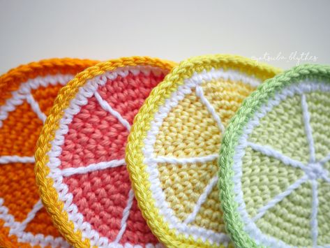 Crochet Citrus Coasters, Fruit Crochet Coasters, Crochet Fruit Coasters, Dk Yarn Crochet Patterns Free, Fruit Crochet Pattern, Lime Crochet, Fruit Coasters, Crochet Pattern Dragon, Fruit Crochet