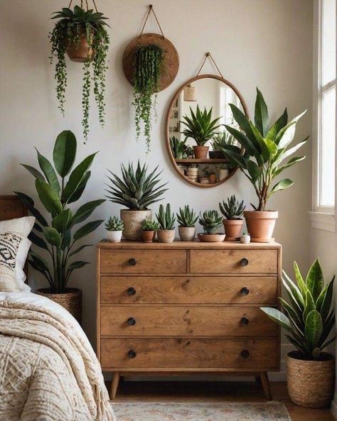 Over The Dresser Wall Decor, Dresser Styling Ideas, Dresser Boho, Boho Dresser, Boho Bedroom Furniture, Boho Style Bedroom, Makeover Bedroom, Deco Nature, Bedroom Essentials