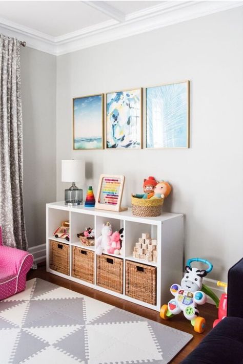 TOY STORAGE IDEAS FOR THE NURSERY Modern Playroom Ideas, Nursery Toy Storage, Ikea Kids Playroom, Kids Playroom Ideas, Toy Storage Ideas, Ikea Toys, Modern Playroom, Entertaining Tips, Colorful Playroom