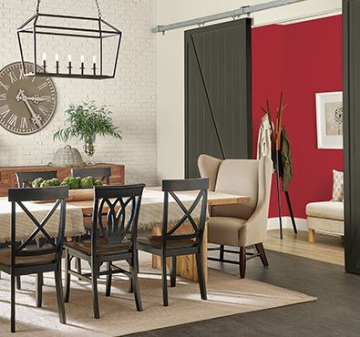 Sherwin-Williams Positive Red SW 6871 Sherman Williams, Red Cabinets, Color Of The Month, Dark Trim, Multipurpose Room, Red Paint, Complementary Colors, Industrial Furniture, Sherwin Williams