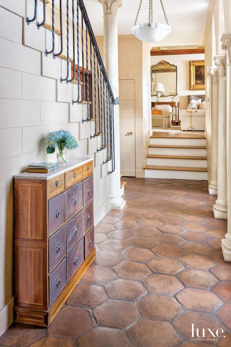 Terra Cotta Flooring, Terra Cotta Floors, Portuguese House, Terracotta Floors, Accent Floor, Iron Handrails, Viking Range, Saltillo Tile, Floor Designs