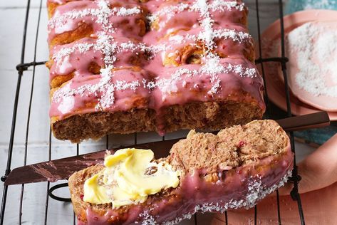 'Iced vovo' hot cross buns recipe - Recipes - delicious.com.au Crucification Of Jesus, Biscuit Desserts, Hot Cross Bun Recipe, Iced Vovo, Pull Apart Loaf, Bun Recipes, Cross Buns Recipe, Coconut Jam, Cinnamon Icing