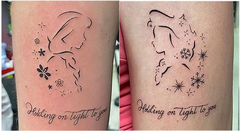 Frozen Sister Tattoos, Matching Disney Tattoos For Best Friends, Disney Best Friend Tattoos, Sister Tattoos Quotes, Disney Sister Tattoos, Matching Disney Tattoos, Frozen Tattoo, Cute Disney Tattoos, Maching Tattoos