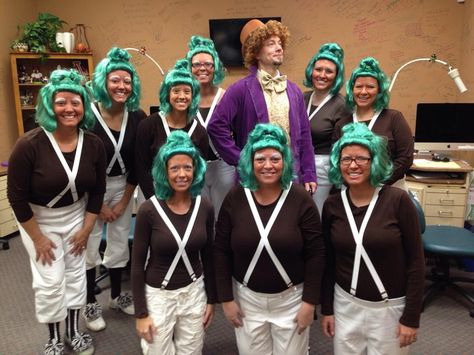 Office Coworker Halloween Costumes, Group Work Costumes Halloween, Group Dress Up Costumes, Willie Wonka Halloween Costumes, Work Crew Halloween Costumes, Willie Wonka Group Costume, Group Work Costume Ideas, Work Team Costume Ideas, Silly Group Halloween Costumes