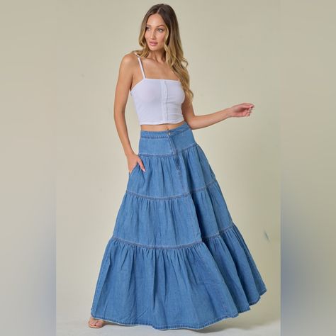 Step Out In Style With Our Boho Wide Sweep Denim Skirt. The Tiered Maxi Design Adds A Touch Of Elegance, While The Side Pockets Provide Convenience. Expertly Crafted With Quality Denim, This Skirt Is Perfect For Any Occasion. Experience The Perfect Blend Of Fashion And Function With Our Boho Denim Skirt. Fits Size 10-12 Large: 30"-32" Length: Approx 44.5" Denim Skirt Fits, Maxi Tiered Skirt, Outfits Bonitos, Maxi Design, Boho Denim, Denim Maxi, Denim Skirts, Skirt Fits, Pretty Stuff