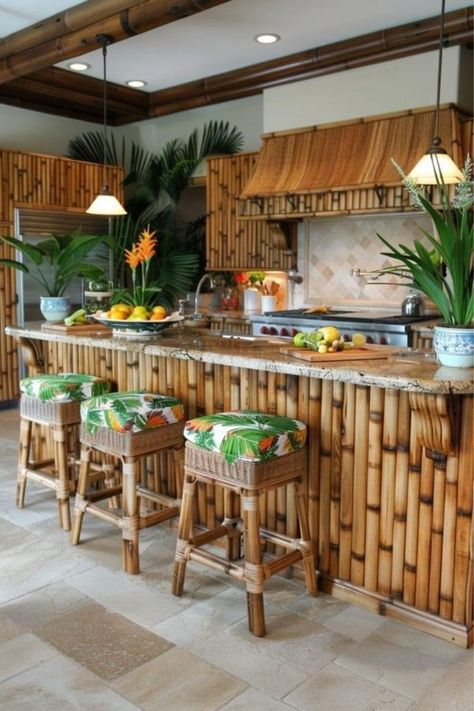 Tropical Kitchen Design, Cozy Home Kitchen, Boho Kitchen Curtains, Coastal Boho Kitchen, Eclectic Dishes, Budget Kitchen Cabinets, Kitchen Island Styling, Luxe Kitchen, Boho Kitchen Ideas