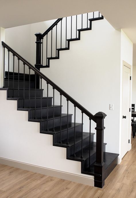 Do I Still Love my Black Stairs? — Whitney Out West Open Stairs Railing Ideas, Black And White Upstairs Hallway, Black Stairs And Railing, Grey Stairs Black Railing, Black Treads White Risers, Black Staircase Handrail, Black Stairs Light Floors, Black And Gray Staircase, Stairs Black And Wood