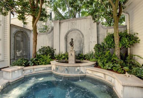 Courtyard Fountain, Pools For Small Yards, Fountain Garden, Courtyard Ideas, Courtyard Pool, Brick Paving, Mini Pool, Pool Fountain, New Orleans Homes