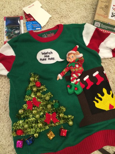 Elf on a shelf nae nae'ing! Christmas sweater DIY! Elf On The Shelf Ugly Sweater Diy, Ugly Christmas Sweater Diy, Crazy Christmas Sweaters, Christmas Sweaters Diy, Elf Ugly Christmas Sweater, Christmas Sweater Diy, Homemade Ugly Christmas Sweater, Ugly Christmas Sweater Diy Funny, Ugly Christmas Sweater Outfit