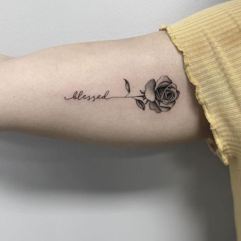 Rose With Script Stem Tattoo, Rose With Script Tattoo, Rose Tattoo Stem Writing, Rose And Script Tattoo, Word Rose Tattoo, Rose Tattoo With Stem Writing, Rose With Words As Stem Tattoo, Rose With Numbers Tattoo, Rose With Cursive Stem Tattoo