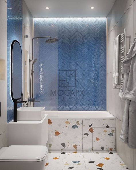 Wc Terrazzo, Bathroom Floors Ideas, Wall Tiles Ideas, Bathroom Wall Tiles Design, Small Toilet Design, Terrazzo Bathroom, Tile Design Ideas, Floor Makeover, Blue Interior Design