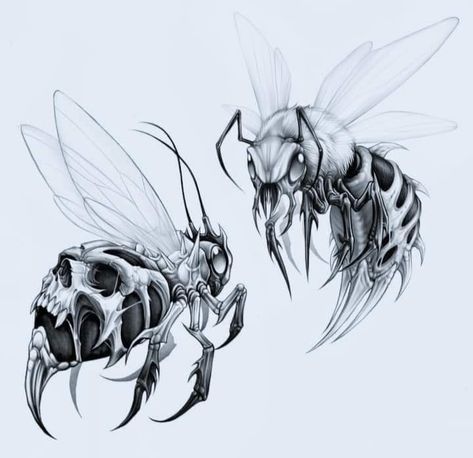 Hornet Tattoo Ideas, Hornet Tattoo Design, Wasp Tattoo Design, Wasp Drawing, Wasp Tattoo, Bee Sketch, Skull Tattoo Flowers, Crow Tattoo Design, Alice And Wonderland Tattoos