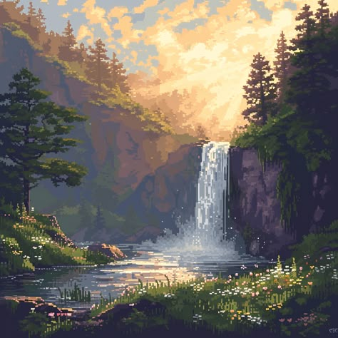 Breath Of The Wild Pixel Art, Pixel Landscape Art, Waterfall Pixel Art, Pixel Art Waterfall, Realistic Pixel Art, Nature Pixel Art, God Backgrounds, Pixel Art Plants, Pixel Nature