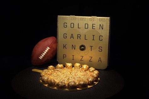 It's like "the golden ticket," in the form of a pizza Super Bowl Pizza, Garlic Knot Pizza, Golden Pizza, Pizza Company, New Pizza, Garlic Knots, Super Bowl 50, Super Bowl Sunday, Edible Gold