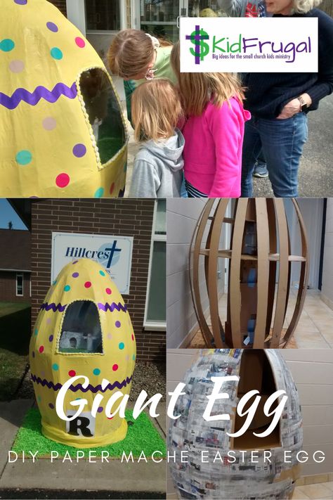 Tutorial for making a human size paper mache egg for Easter using a framework made with cardboard strips and boxes, duct tape and an optionaly broom handle. #GiantEgg #GiantEasterEgg #EasterEgg Jesus In The Wilderness, Easter Outreach, Giant Paper Mache, Easter Egg Costume, Temptation Of Jesus, Egg Box Craft, Papier Mache Eggs, Easter Egg Projects, Egg Project