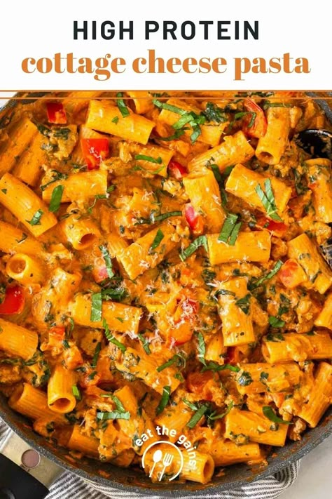 This delicious cottage cheese pasta has ground turkey, veggies, and a creamy pasta sauce with cottage cheese, creating a healthier and higher protein alternative to traditional creamy pasta! Ready in 30 minutes and something the whole family will love! Ground Turkey Cottage Cheese Pasta, Meals Using Cottage Cheese, Ground Turkey Veggie Pasta, Cottage Cheese Chicken Pasta, Pasta Salad Recipes High Protein, Protein Pasta Recipes Vegetarian, Easy Protein Pasta Recipes, Protein Pasta Meals, Pasta Sauce With Cottage Cheese