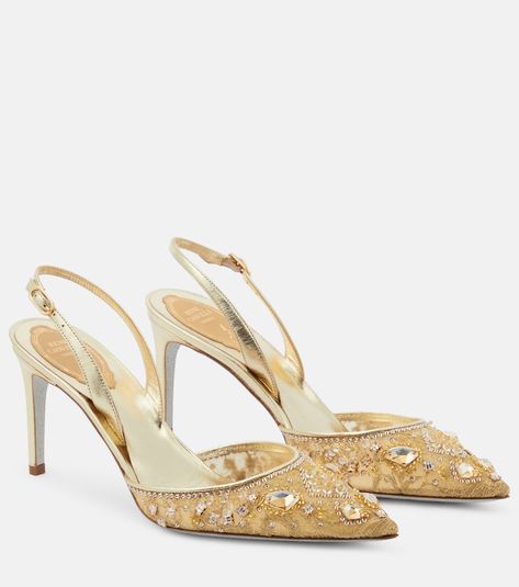 Mytheresa Shoes, Rene Caovilla Shoes, Gold Pumps, Iridescent Crystal, Rene Caovilla, Gold Lace, Photoshoot Outfits, Dream Shoes, Slingback Pump