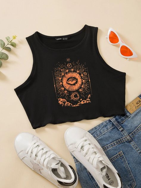 Graphic Print Crop Tank Top | SHEIN USA Indie Tops, Women Tank Tops, Plus Size Tank Tops, Crop Tank Top, Moon Print, T-shirts & Tank Tops, Tank Top Designs, Shein Style, Women Tops