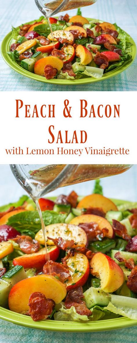 Honey Lemon Vinaigrette on Peach Bacon Salad - a vinaigrette recipe that goes particularly well with salads containing summer fruits and berries like peaches and plums or strawberries & raspberries. Groceries Budget, Peaches And Plums, Christmas Vegan, Resep Salad, Vinaigrette Recipe, Peach Salad, Bacon Salad, Lemon Vinaigrette, Vinaigrette Recipes