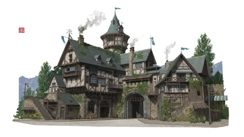 ArtStation - 008, . 1313 Medieval Library Concept Art, Medieval House Concept Art, Medieval Homes, Medieval Fantasy House, Medieval Manor House, Medieval Manor, Witchy House, Minecraft City Buildings, Fantasy City Map