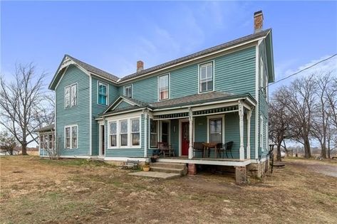 Circa 1860 Handyman Special Kansas Farmhouse For Sale W/Quonset Hut on 5 Acres. $395,000 - Country Life Dreams 1860 Farmhouse, Victorian Character, Quonset Hut, Family Room Fireplace, Farm House Colors, November 19th, Exterior Paint Colors For House, Exterior Paint Colors, A Hill