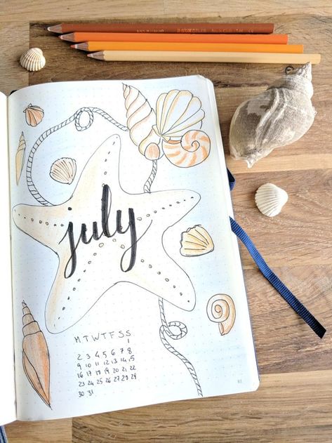 Bullet Journal Month Page, Journal Month Page, July Bullet Journal, Seashell Illustration, Bullet Journal Titles, Bullet Journal Month, Bullet Journal 2020, Bullet Journal 2019, Bullet Journal Cover Page