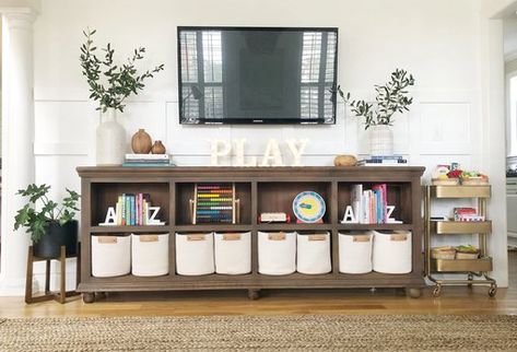 The 6 Family Room Toy Storage Ideas That Every Parent Should Know About Family Room Toy Storage, Room Toy Storage Ideas, Family Room Playroom, Loft Playroom, Coastal Oak, Toy Storage Ideas, Living Room Playroom, Playroom Storage, Multipurpose Room