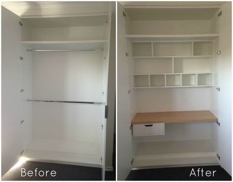 Before and after - wardrobe into a study desk (for a nursery & study combo room) Wardrobe Desk Combo, Cloffice Ideas, Cupboard Ideas, Hidden Desk, Closet Desk, Hidden Room, Desk Wardrobe, Home Office Closet, Office Closet