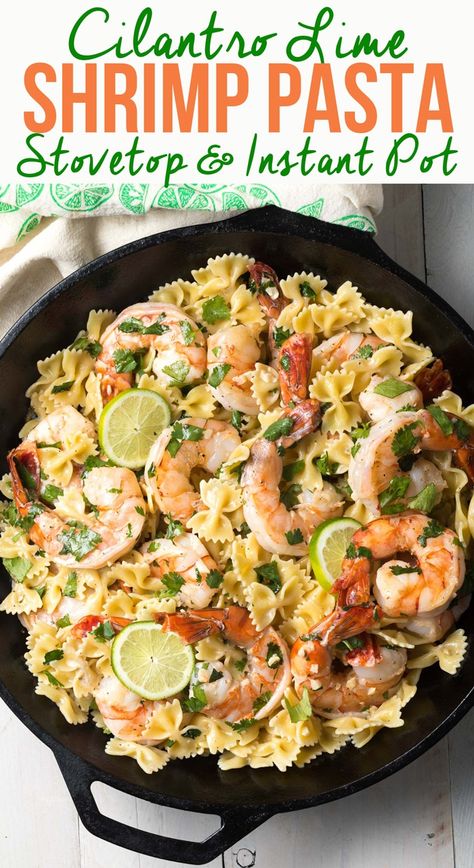 Cilantro Lime Shrimp Pasta Recipe kissed with island flavors! This simple shrimp pasta dish can be made in minutes on the Stovetop or in your Instant Pot (electric pressure cooker!) #ASpicyPerspective #instantpot #pressurecooker #onepot #pasta #shrimp Simple Shrimp Pasta, Shrimp Pasta Dishes, Mexican Shrimp Recipes, Shrimp Pasta Recipe, Pasta Shrimp, Summer Pasta Recipes, Cilantro Lime Shrimp, A Spicy Perspective, Grilled Shrimp Recipes