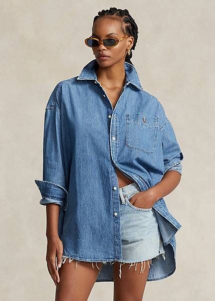 The Basics That Will Make Leggings Look Very Chic This Fall | Who What Wear Long Denim Shirt, Ralph Lauren Long Sleeve, Japanese Cotton, Chambray Shirt, Womens Clothing Stores, Button Front Shirt, Cut Shirts, Look Chic, Denim Shirt