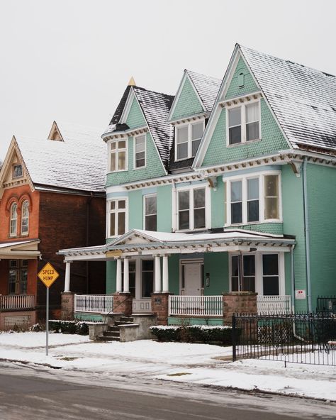 Green house in the snow in Allentown, Buffalo, New York House In The Snow, New York Architecture, Rail Transport, Buffalo New York, Hotel Motel, White Car, Posters Framed, City Car, Green House