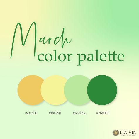 March color palette for all marketers and designers out there! #march2023 #designtips #branding #colorpalette March Color Pallete, Color Palette For Creativity, Green Spring Color Palette, March Colour Palette, St Patrick's Day Color Palette, Monthly Color Palette, March Palette, Personal Brand Color Palette, 2023 Creative Design