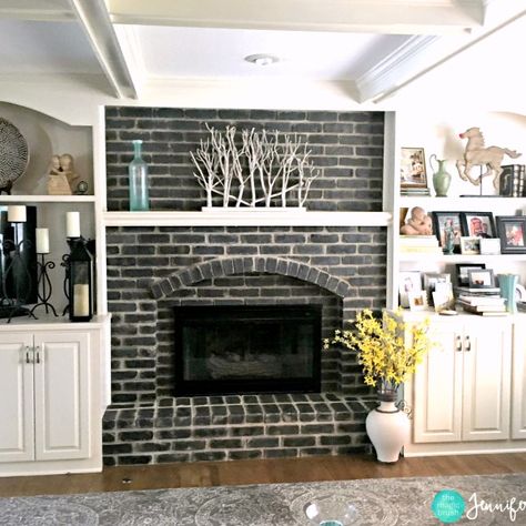 Antique Brick Fireplace, Corner Brick Fireplaces, Black Brick Fireplace, White Wash Brick Fireplace, Jennifer Allwood, Painted Brick Fireplace, Painted Brick Fireplaces, Antique Brick, Wooden Fireplace