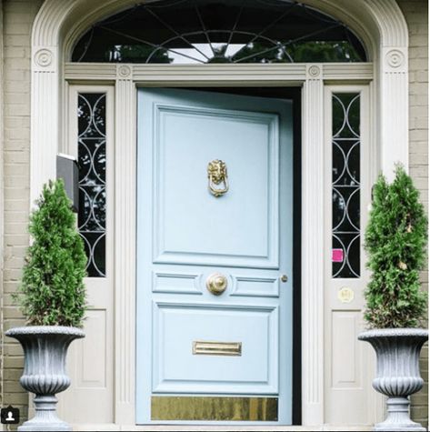 French Style Front Door, Blue Door Interior, Blue Exterior Door, Blue Door House, Potted Boxwood, Door Knockers Vintage, Exterior Door Colors, Oval Room Blue, Garage Door Types