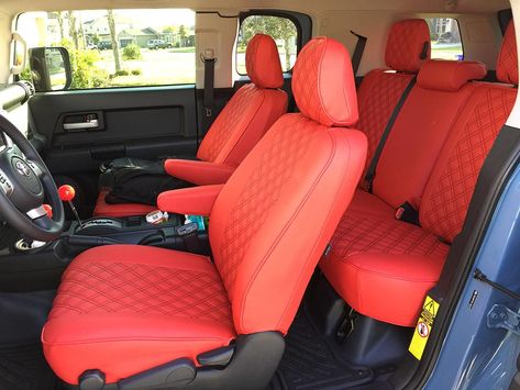 Clazzio Leather Seat Covers - 2014 FJ Cruiser by Clazzio  Quilted Red with Black Stitch Fj Cruiser Interior, Fj Cruiser Accessories, Fj Cruiser Mods, 2014 Fj Cruiser, Toyota Offroad, Toyota Cruiser, Black Stitch, Leather Seat Covers, Car Upholstery