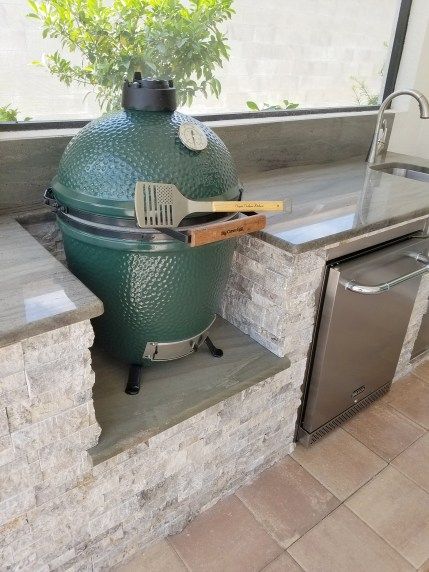 Green Egg Outdoor Kitchen, Egg Outdoor Kitchen, Big Green Egg Outdoor Kitchen, Big Green Egg Grill, Green Egg Grill, Outdoor Kitchen Design Layout Grill Area, Egg Grill, The Big Green Egg, Outdoor Island