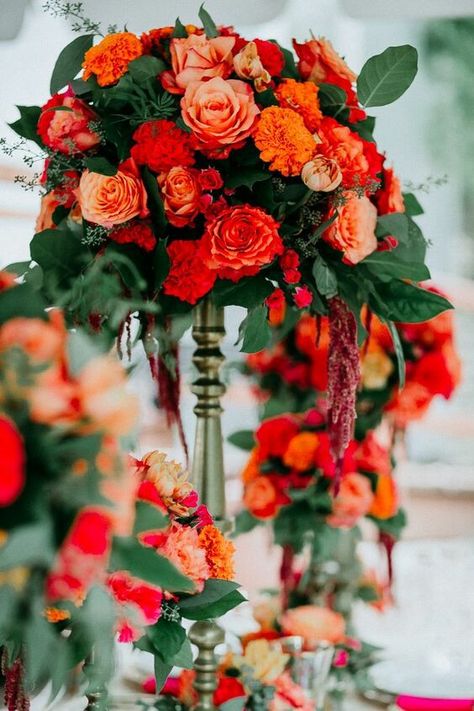 Coral Red Wedding Theme, Indian Wedding Flower Arrangements, Indian Wedding Bouquet, Orange Indian Wedding, Wedding Colors 2025, Flower Cocktails, Grey Groom Suit, Indian Wedding Centerpieces, Tangerine Bridesmaid Dresses