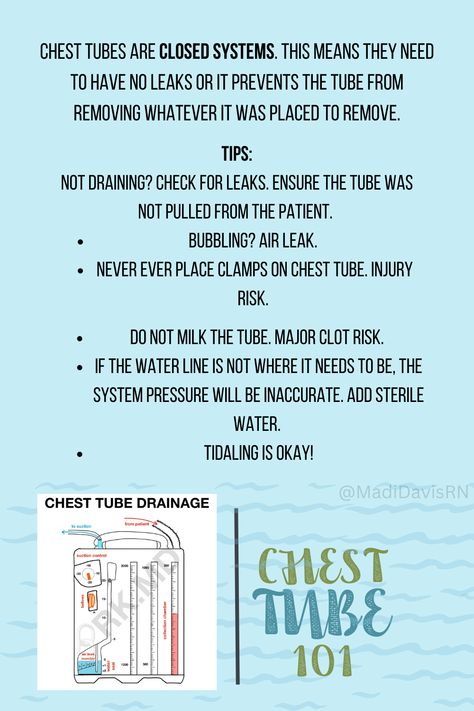 Managing a chest tube doesn't have to be scary! Use your hospital policy to chart as often as needed. Make sure you aways have a good and intact dressing over the insertion site. You got this! #nursingschool #intensivecare #RN #nurse #respiratory #chesttube #chesttruama #icu #nursing #pulmonary #MadiDavisRN Chest Tube Nursing, Nurse In The Making, Medications Nursing, Nurse Study, Chest Tube, Critical Care Nursing, Med Surg, Nursing Study, Nursing Notes