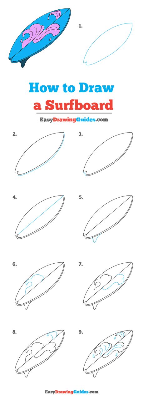 How To Draw A Surfboard Step By Step, Surf Board Drawing Simple, Surf Board Cartoon, Surf Board Doodle, How To Draw A Surfboard, How To Draw A Wave Step By Step, Surf Drawing Doodles, Surfboard Doodle, Drawing Surfboard