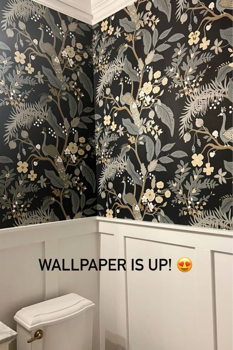 Rifle Paper Co. Peacock Wallpaper curated on LTK Dark Board And Batten With Wallpaper, Unsellable Houses Hgtv Bathroom, Wallpapered Guest Bathroom, Bathroom With Bold Wallpaper, Peacock Wallpaper Powder Room, Chair Rail And Wallpaper Bathroom, Wallpaper In Water Closet, Peacock Wallpaper Bathroom, Wainscoting Bathroom Wallpaper