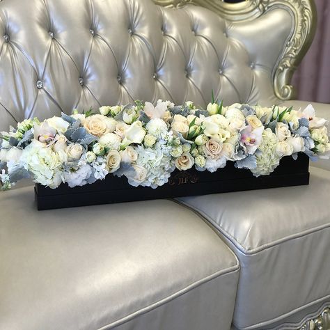 Rectangle Flower Arrangement, Blue Arrangements, Budget Bridal Bouquet, Flower Arrangements Ideas, Flower Box Centerpiece, Blue Flower Arrangements, Box Centerpiece, White Spray Roses, Flower Boutique