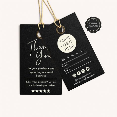 "Editable hang tag for your apparel business. This minimalist hang tag template includes price and sizing. It's the perfect hang tag for small businesses, boutiques, retail, and more! This template is fully editable and easy to edit. No software is needed, you can edit it in your browser This is a digital product. No physical product will be shipped to you. - Edit with Canva. A free online graphic design tool that is super easy to use. - Instant download. You can access the template immediately after your purchase. - Easy-to-edit, fully customizable template. Check out other designs like this in our shop: https://www.etsy.com/shop/Kassiopeiart WHAT YOU'LL GET: ----------------------------------------------------------- Two-sided hang tag ( 2 x 3.5\") More than 20+ social media icons in mul Thank You Hang Tag, Clothe Tags Label, Shirt Tag Design Ideas, Hanging Tags Ideas Clothing Labels, Hand Tag Design Clothing, Product Price Tag Design, Price Tag Design Clothing, Clothing Tags Design, Price Tags Design