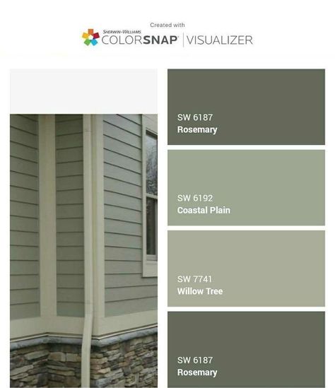 Looking for a good contrasting color palette to update the exterior of your home?  We love these colors from the Sherwin Williams Color Snap App.  Interested in seeing what colors would look good on your home exterior?  We partner with Sherwin Williams and their Color Consultants, they will come out to you to discuss your color options and what would work best for you.  Reach out to us today to set up your FREE Estimate! Olive Green Ranch House Exterior, Shades Of Green Exterior House Paint, Green Queenslander Exterior, Sherwin Williams Exterior Color Palette, Sherwin Williams Exterior House Colors Colour Palettes, Color Palette For House Exterior, Colour Combination Of House, Green And Beige House Exterior, Coastal Plain Sherwin Williams Exterior