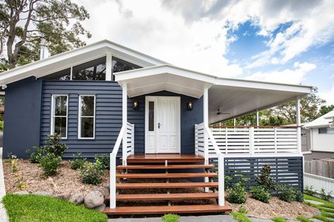 Blue And Gray Exterior House, Blue House With Pergola, Navy House White Trim, Blue Grey Exterior House, Blue Grey Exterior, Blue Grey House Exterior White Trim, Navy Beach House Exterior, White House Navy Trim, House Exterior Dark Blue