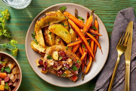 Cranberry Pork Chops, Cranberry Pork, Roasted Baby Carrots, Herbed Potatoes, Apple Pork, Apple Pork Chops, Hello Fresh Recipes, Cranberry Apple, Cranberry Sauce Recipe