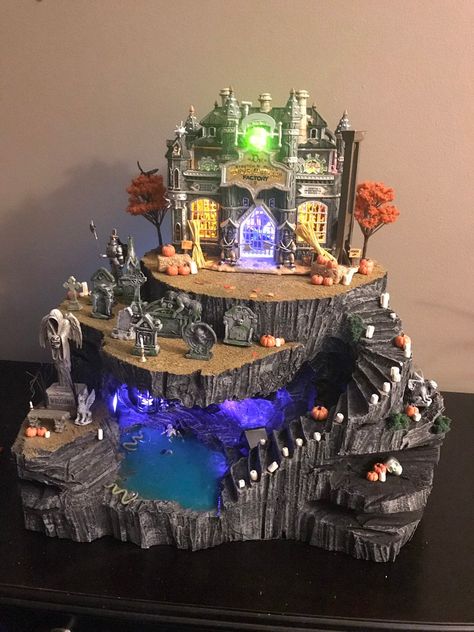 Halloween Village Display Cave | Etsy Halloween Village Display Ideas, Lemax Spooky Town Display, Spookytown Display, Diy Halloween Village, Lemax Halloween Village, Spooky Town Village, Lemax Halloween, Village Display Ideas, Dept 56 Halloween