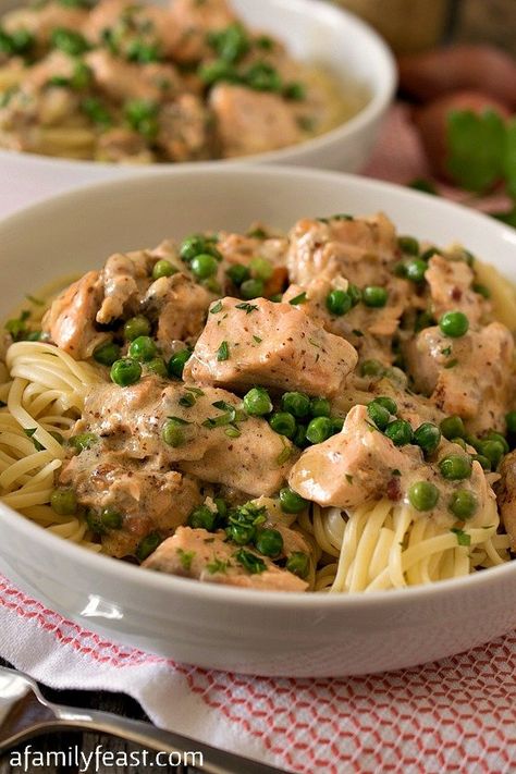 Creamed Salmon and Peas Over Linguini - A Family Feast® Creamed Salmon, Salmon And Peas, John Russell, Mustard Sauce, Family Feast, Fish Dishes, Seafood Dishes, Salmon Recipes, Main Meals