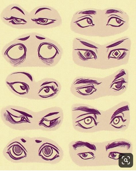 Square Eyes Drawing, Curious Poses Drawing, Slanted Eyes Drawing, Round Face Drawing, Round Eyes Drawing, Nervous Pose Reference Drawing, Eyes Drawing Cartoon, Eyes Expression, Realistic Eye Drawing